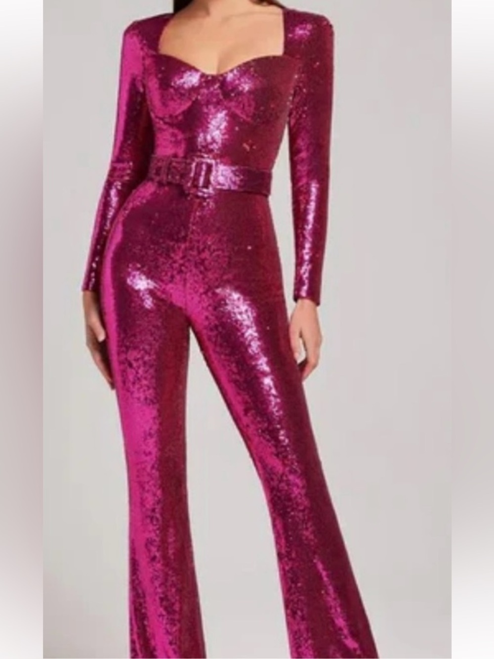 NADINE MERABI Year-Round Style Fuchsia Sequin Flare Jumpsuit S XXL New